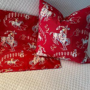 2 vintage cotton print "cowboy" fabric pillow covers